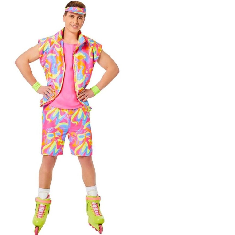 Barbie Skating Ken Halloween Costume 34/36 Neon Shirt, Shorts, Visor 5 Pc Mens